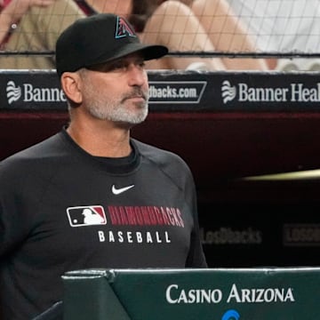 Arizona Diamondbacks manager Torey Lovullo watches his team play against the Tampa Bay Rays during the fifth inning at Chase Field on April 23, 2025, in Phoenix.