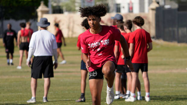 Brophy wide receiver Devin Fitzgerald warms up during spring practice in Phoenix on April 22, 2024.