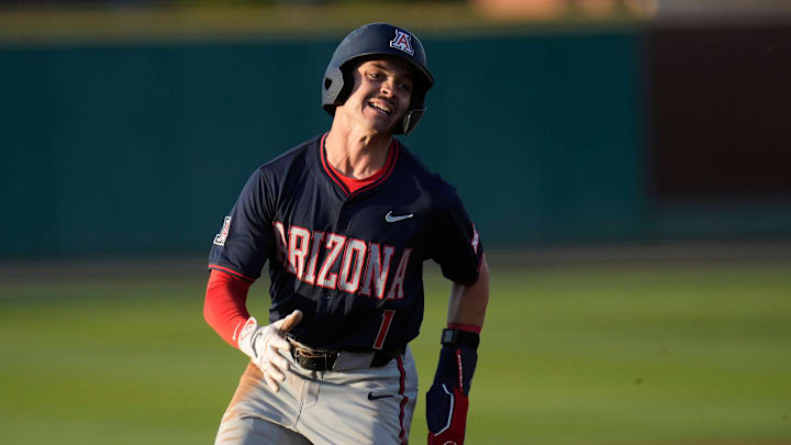 Arizona's Garen Caulfield (1) runs to third base against Grand Canyon during the first inning at GCU Ballpark in Phoenix, on April 1, 2025.