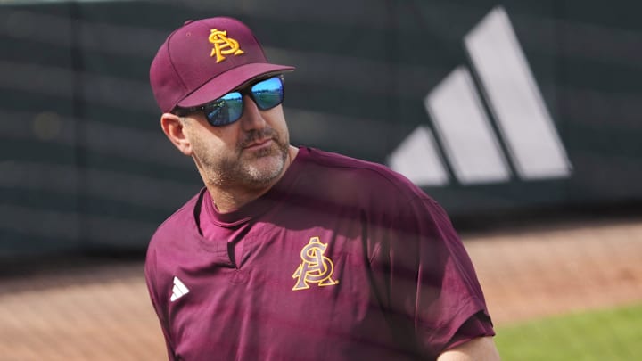 Arizona State manager Willie Bloomquist calls for a replay against Ohio State during the first inning at Phoenix Municipal Stadium on Feb. 16, 2025. Arizona State manager Willie Bloomquist calls for a replay against Ohio State during the first inning at Phoenix Municipal Stadium on Feb. 16, 2025.