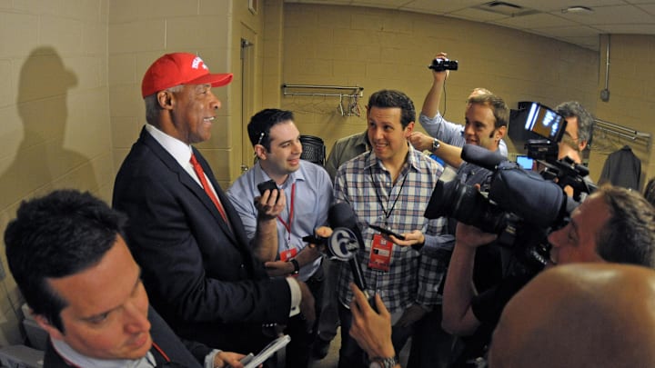 Apr 14, 2013; Philadelphia, PA, USA; Philadelphia 76ers former player Julius Erving speaks with the media before game against the Cleveland Cavaliers at the Wells Fargo Center. The 76ers are celebrating the 30th anniversary of the 1982-83 championship team. Mandatory Credit: Eric Hartline-Imagn Images Apr 14, 2013; Philadelphia, PA, USA; Philadelphia 76ers former player Julius Erving speaks with the media before game against the Cleveland Cavaliers at the Wells Fargo Center. The 76ers are celebrating the 30th anniversary of the 1982-83 championship team. Mandatory Credit: Eric Hartline-Imagn Images