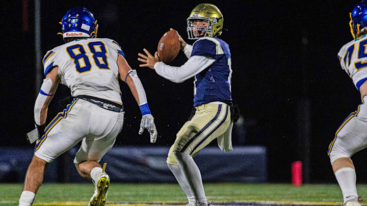 Salesianum senior Brady McBride (11) winds up for a pass against Sussex Central senior Joaquin Rodriguez-Costa (88) during the DIAA football Class 3A semifinal game at Abessinio Stadium in Wilmington, Friday, Nov. 22, 2024. Salesianum won 39-13.
