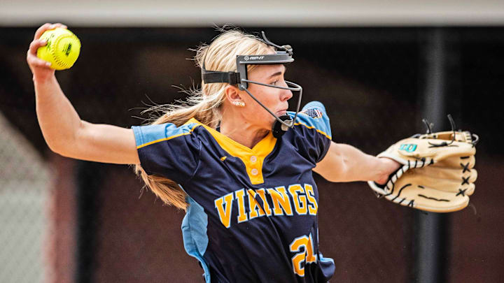 Cape Henlopen senior Abigail Marsh (21) winds up for the pitch against William Penn during the softball game at William Penn in New Castle, Saturday, March 29, 2024. Cape Henlopen won 23-1.