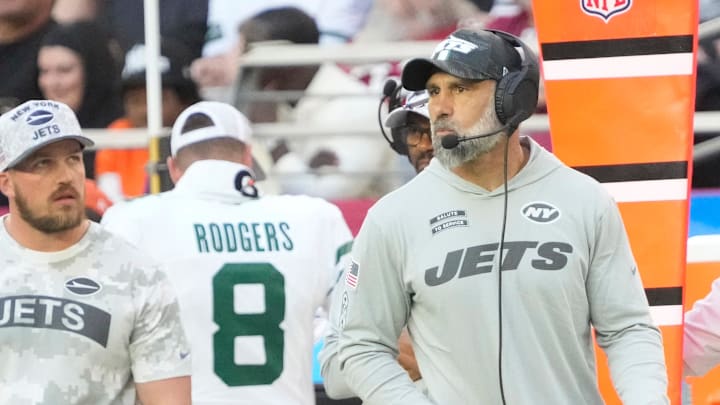 New York Jets interim head coach Jeff Ulbrich watches his team play against the Arizona Cardinals during the second quarter at State Farm Stadium in Glendale on Nov. 10, 2024. New York Jets interim head coach Jeff Ulbrich watches his team play against the Arizona Cardinals during the second quarter at State Farm Stadium in Glendale on Nov. 10, 2024.