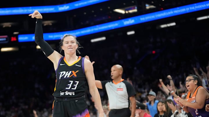 Phoenix Mercury guard Sami Whitcomb (33) poses after a three point basket against the Las Vegas Aces during the fourth quarter at PHX Arena Jun 29, 2025.