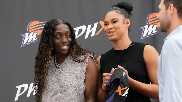 Mercury guard Kahleah Copper (left) talks with forward Satou Sabally during her news conference at the Phoenix Mercury Practice Facility after signing as a free agent in Phoenix on Feb. 4, 2025. Mercury guard Kahleah Copper (left) talks with forward Satou Sabally during her news conference at the Phoenix Mercury Practice Facility after signing as a free agent in Phoenix on Feb. 4, 2025.