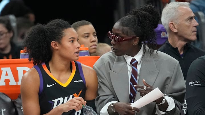 Phoenix Mercury forward Satou Sabally (0) talks with injured guard Kahleah Copper during the third quarter against the Washington Mystics at PHX Arena on May 25, 2025.