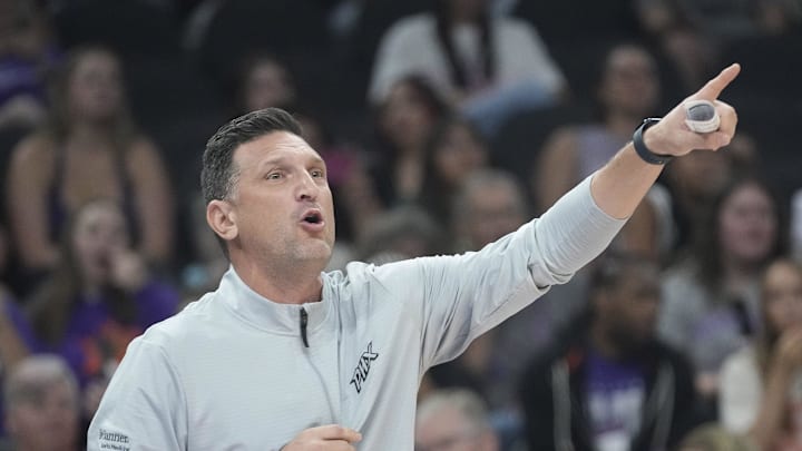 Phoenix Mercury head coach Nate Tibbetts directs his players against the Dallas Wings during the first quarter at PHX Arena on July 7, 2025.