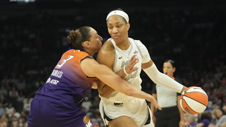 Phoenix Mercury guard Diana Taurasi (3) defends against Las Vegas Aces center A'ja Wilson (22) during the first quarter at Footprint Center on Sept. 1, 2024, in Phoenix. Phoenix Mercury guard Diana Taurasi (3) defends against Las Vegas Aces center A'ja Wilson (22) during the first quarter at Footprint Center on Sept. 1, 2024, in Phoenix.