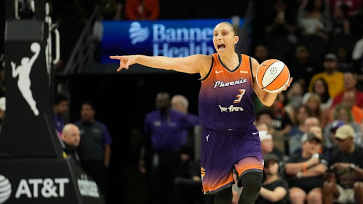 Phoenix Mercury guard Diana Taurasi (3) directs her teammates during the third quarter against the Seattle Storm at Footprint Center in Phoenix on Sunday, June 16, 2024.