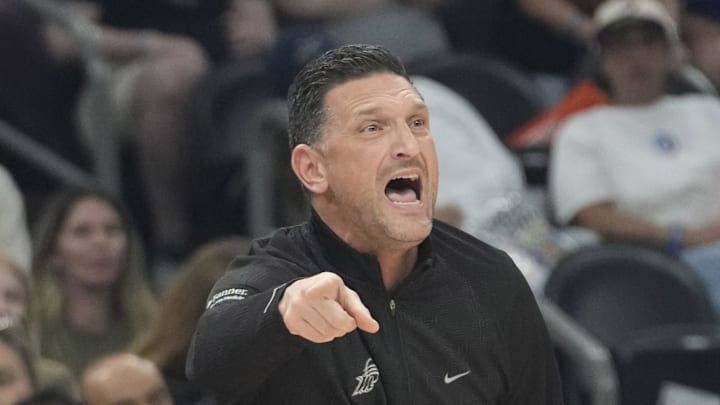 Phoenix Mercury head coach Nate Tibbetts directs his team against the Atlanta Dream during the first quarter at PHX Arena Jul 23, 2025.
