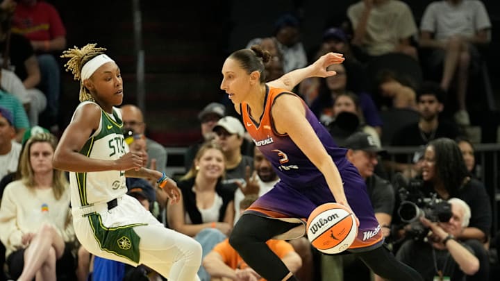 Phoenix Mercury guard Diana Taurasi (3) drives against Seattle Storm guard Jordan Horston (23) during the second quarter at Footprint Center in Phoenix on Sunday, June 16, 2024.