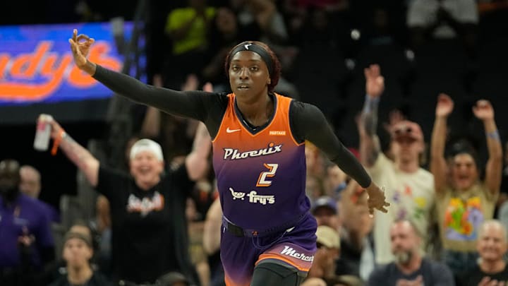 Phoenix Mercury guard Kahleah Copper (2) celebrates after a three point basket against the Seattle Storm during the first quarter at Footprint Center in Phoenix on Sunday, June 16, 2024.