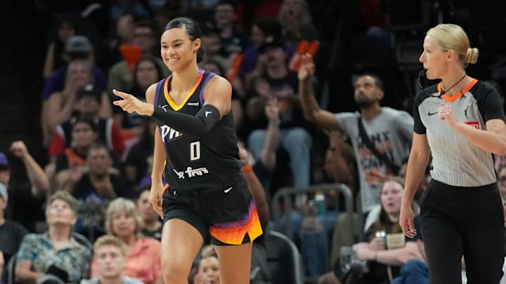 Phoenix Mercury forward Satou Sabally (0) points after a three point basket against the Dallas Wings during the fourth quarter in Phoenix, at PHX Arena on Jun 11, 2025.