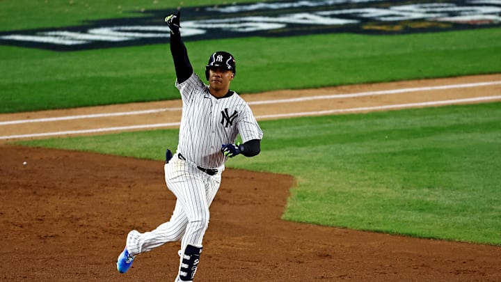 New York Yankees outfielder Juan Soto runs the bases after hitting a solo home run during the third inning against the Cleveland Guardians in Game 1 of the ALCS at Yankee Stadium. New York Yankees outfielder Juan Soto runs the bases after hitting a solo home run during the third inning against the Cleveland Guardians in Game 1 of the ALCS at Yankee Stadium.