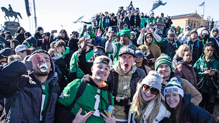 Fans celebrate the Philadelphia Eagles Super Bowl Championship with a parade along Benjamin Franklin Parkway set to end at the Philadelphia Museum of Art on Friday, Feb. 14, 2025. Fans celebrate the Philadelphia Eagles Super Bowl Championship with a parade along Benjamin Franklin Parkway set to end at the Philadelphia Museum of Art on Friday, Feb. 14, 2025.