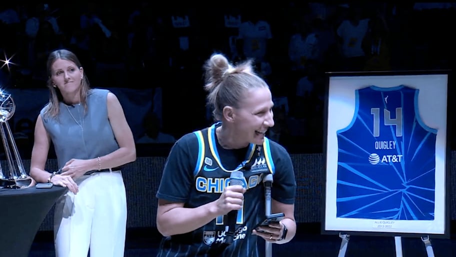 Courtney Vandersloot, current Sky guard, spoke at her wife Allie Quigley's jersey retirement ceremony | Screengrab via @WNBA on X/Twitter