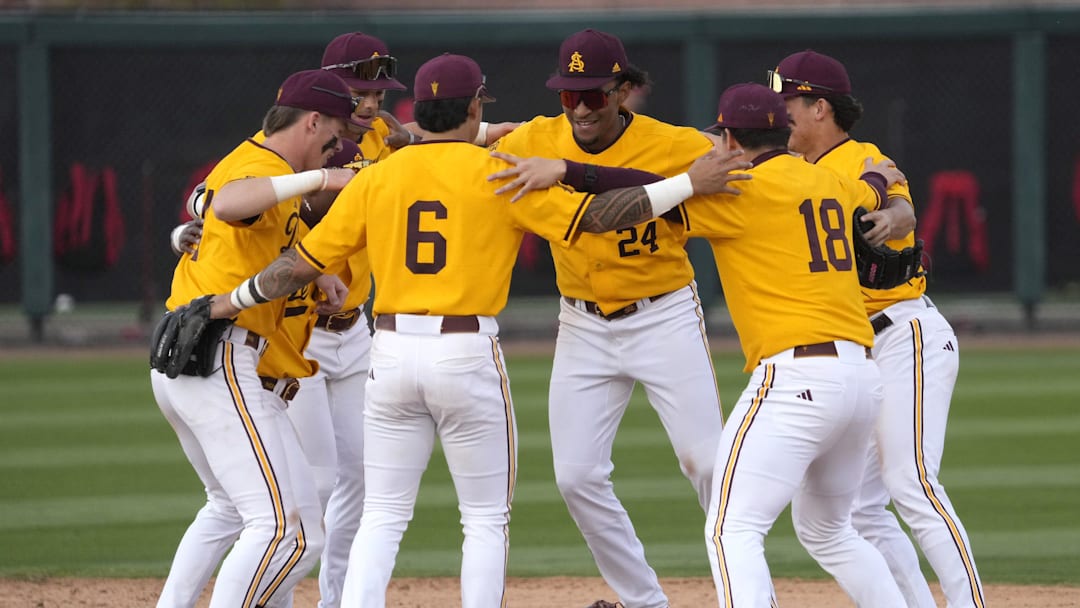 Arizona State players celebrate after beating Ohio State 17-10 at Phoenix Municipal Stadium on Feb. 16, 2025.