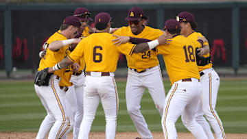 Arizona State players celebrate after beating Ohio State 17-10 at Phoenix Municipal Stadium on Feb. 16, 2025.