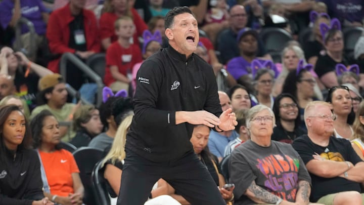 Phoenix Mercury head coach Nate Tibbetts directs his team against the Atlanta Dream during the first quarter at PHX Arena Aug 10, 2025.