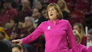 Washington State head coach Kamie Ethridge directs her team against Arizona State during Pac-12 play at Desert Financial Arena on Feb. 18, 2024.