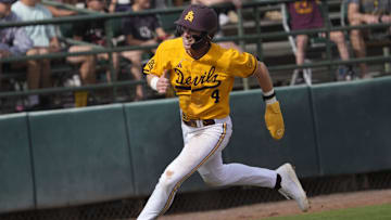 Arizona State infielder Jax Ryan (4) rounds third base before scoring against Ohio State during the second inning at Phoenix Municipal Stadium on Feb. 16, 2025.