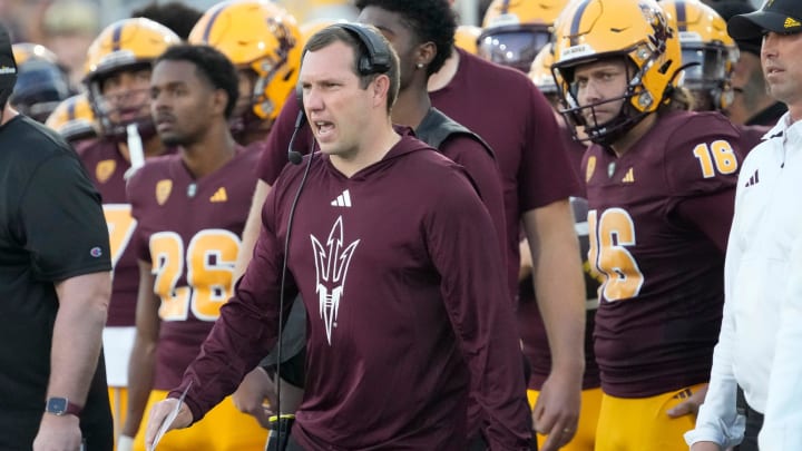 Arizona State head coach Kenny Dillingham reacts to a play during the fourth quarter against Arizona at Mountain America Stadium in Tempe on Dec. 13, 2023.