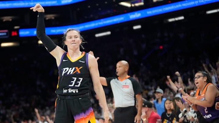 Phoenix Mercury guard Sami Whitcomb (33) poses after a three point basket against the Las Vegas Aces during the fourth quarter at PHX Arena Jun 29, 2025.