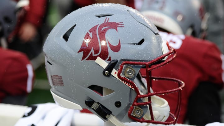 Oct 19, 2019; Pullman, WA, USA; Washington State Cougars helmet sits during football game against the Colorado Buffaloes in the first at Martin Stadium. Mandatory Credit: James Snook-USA TODAY Sports