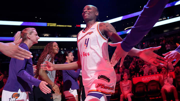 Phoenix Mercury forward Natasha Mack (4) is introduced before playing against the Golden State Valkyries in pre-season action at PHX Arena May 11, 2025.