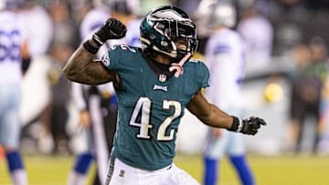 Oct 16, 2022; Philadelphia, Pennsylvania, USA; Philadelphia Eagles safety K'Von Wallace (42) reacts to a defensive stop against the Dallas Cowboys during the fourth quarter at Lincoln Financial Field. 