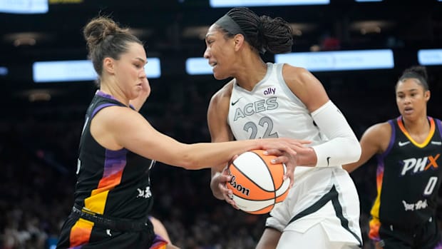 A photo of Kathryn Westbeld defending A'ja Wilson