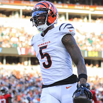 Aug 10, 2024; Cincinnati, Ohio, USA; Cincinnati Bengals wide receiver Tee Higgins (5) reacts after scoring a touchdown against the Tampa Bay Buccaneers in the first half at Paycor Stadium.