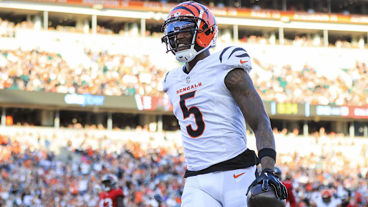 Aug 10, 2024; Cincinnati, Ohio, USA; Cincinnati Bengals wide receiver Tee Higgins (5) reacts after scoring a touchdown against the Tampa Bay Buccaneers in the first half at Paycor Stadium.