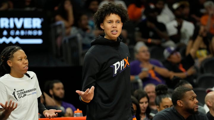 Phoenix Mercury center Brittney Griner argues for a call against the Los Angeles Sparks during the third quarter on Sunday, June 2, 2024, at Footprint Center in Phoenix. Griner was injured and did not play. Mandatory Credit: Michael Chow-Arizona Republic Phoenix Mercury center Brittney Griner argues for a call against the Los Angeles Sparks during the third quarter on Sunday, June 2, 2024, at Footprint Center in Phoenix. Griner was injured and did not play. Mandatory Credit: Michael Chow-Arizona Republic