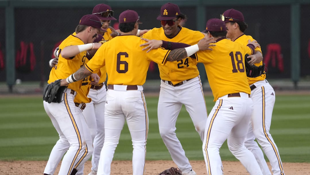 Arizona State players celebrate after beating Ohio State 17-10 at Phoenix Municipal Stadium on Feb. 16, 2025.