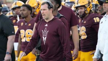 Arizona State head coach Kenny Dillingham reacts to a play during the fourth quarter against Arizona at Mountain America Stadium in Tempe on Dec. 13, 2023.