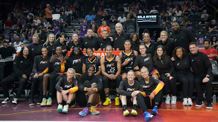 Phoenix Mercury players pose for a photo before playing against the Atlanta Dream at PHX Arena Aug 10, 2025.