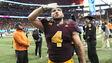 Arizona State running back Cam Skattebo (4) blows a kiss toward fans after Texas won 39-31 in double overtime in the Chick-fil-A Peach Bowl in Atlanta on Jan. 1, 2025.