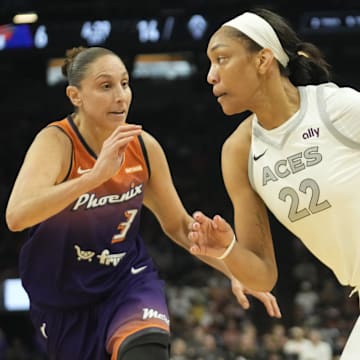 Phoenix Mercury guard Diana Taurasi (3) defends against Las Vegas Aces center A'ja Wilson (22) during the first quarter at Footprint Center on Sept. 1, 2024, in Phoenix.