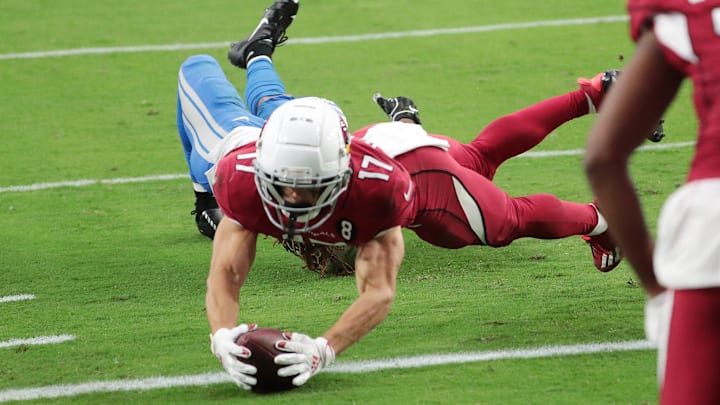 Arizona Cardinals wide receiver Andy Isabella (17) scores a touchdown after a catch against the Detroit Lions during the third quarter at State Farm Stadium Sept. 27, 2020.

Lions Vs Cardinals