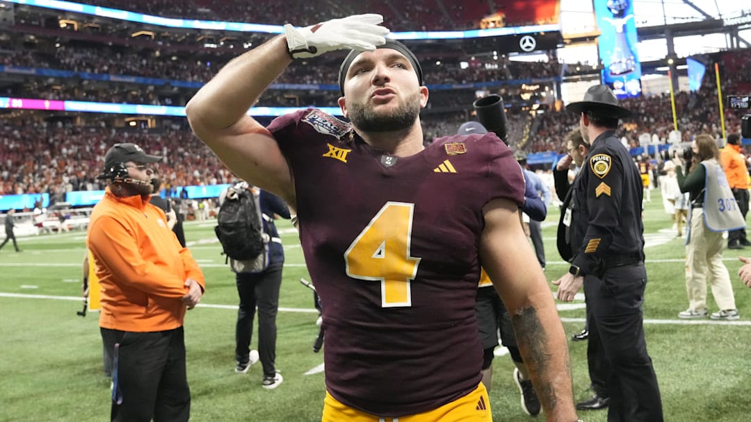 Arizona State running back Cam Skattebo (4) blows a kiss toward fans after Texas won 39-31 in double overtime in the Chick-fil-A Peach Bowl in Atlanta on Jan. 1, 2025.