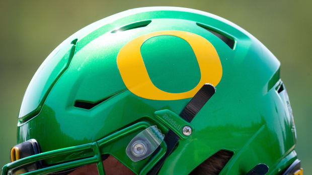 An Oregon “O” adorns player helmets during practice with the Oregon Ducks Friday, Aug. 9, 2024 at the Hatfield-Dowlin Complex