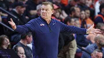 Feb 5, 2025; Piscataway, New Jersey, USA; Illinois Fighting Illini head coach Brad Underwood reacts during the second half against the Rutgers Scarlet Knights at Jersey Mike's Arena. Mandatory Credit: Vincent Carchietta-Imagn Images