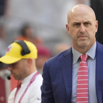 Arizona Cardinals general manager Monti Ossenfort watches his team warm up before playing against the Chicago Bears at State Farm Stadium in Glendale on Nov. 3, 2024.