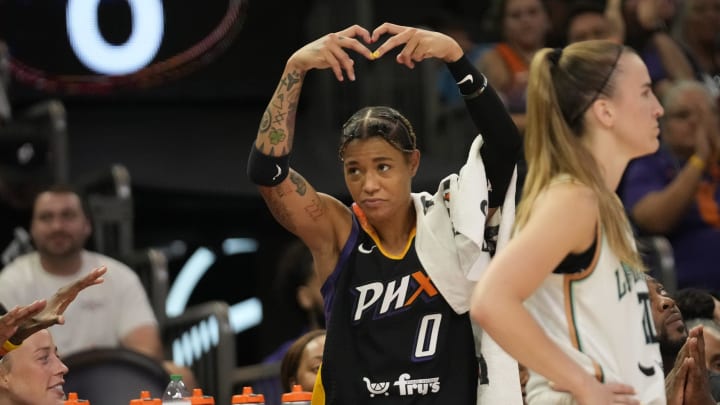 Phoenix Mercury guard Natasha Cloud (0) acknowledges the fans 