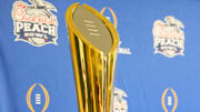 The National Championship trophy on display during media day for the Chick-fil-A Peach Bowl in Atlanta on Monday, Dec. 30, 2024.