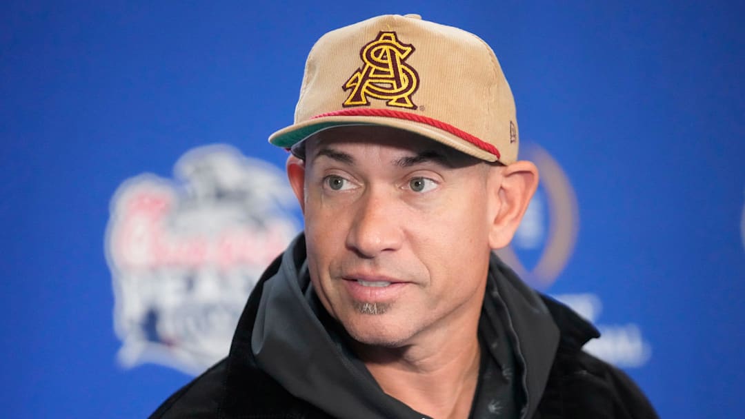 Arizona State offensive coordinator Marcus Arroyo answers questions during media day for the Chick-fil-A Peach Bowl in Atlanta on Monday, Dec. 30, 2024.