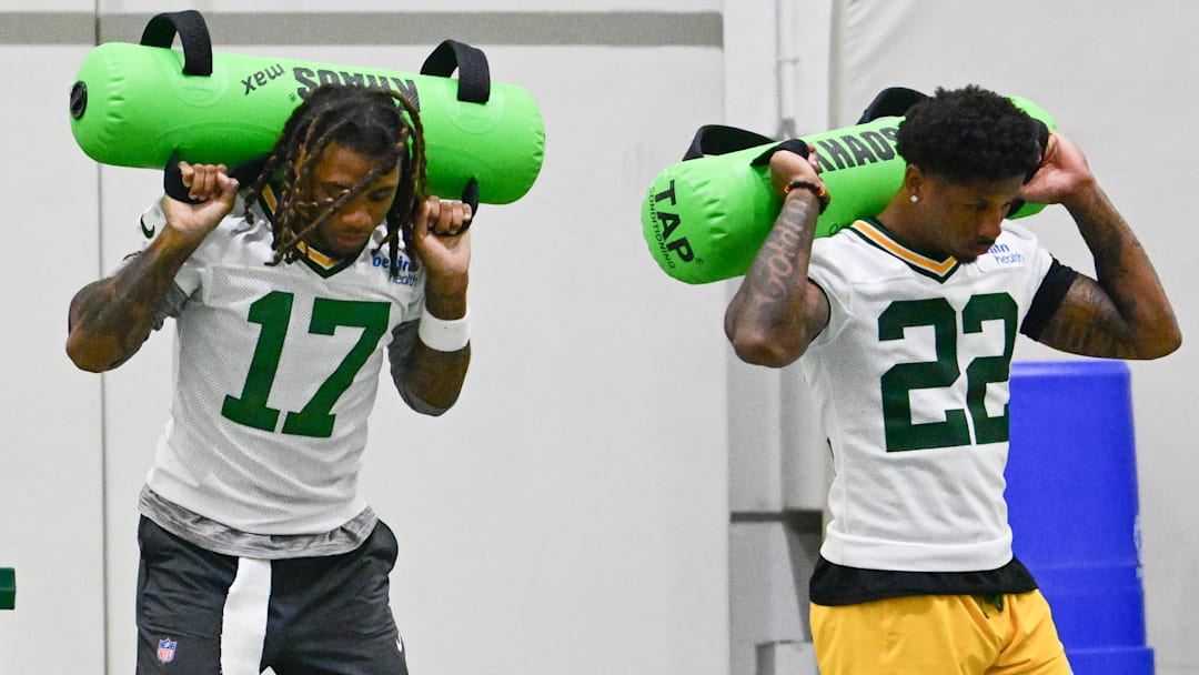 Jun 11, 2025; Green Bay, WI, USA;  Green Bay Packers wide receiver Sam Brown Jr (17) and wide receiver Matthew Golden (22) participates in the team's minicamp at Ray Nitschke Field. Mandatory Credit: Benny Sieu-Imagn Images
