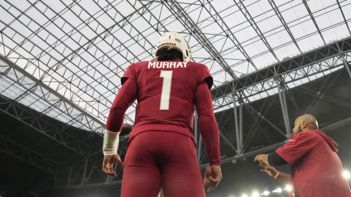 Arizona Cardinals quarterback Kyler Murray (1) warms up before playing against the Seattle Seahawks at State Farm Stadium in Glendale on Jan. 7, 2024.